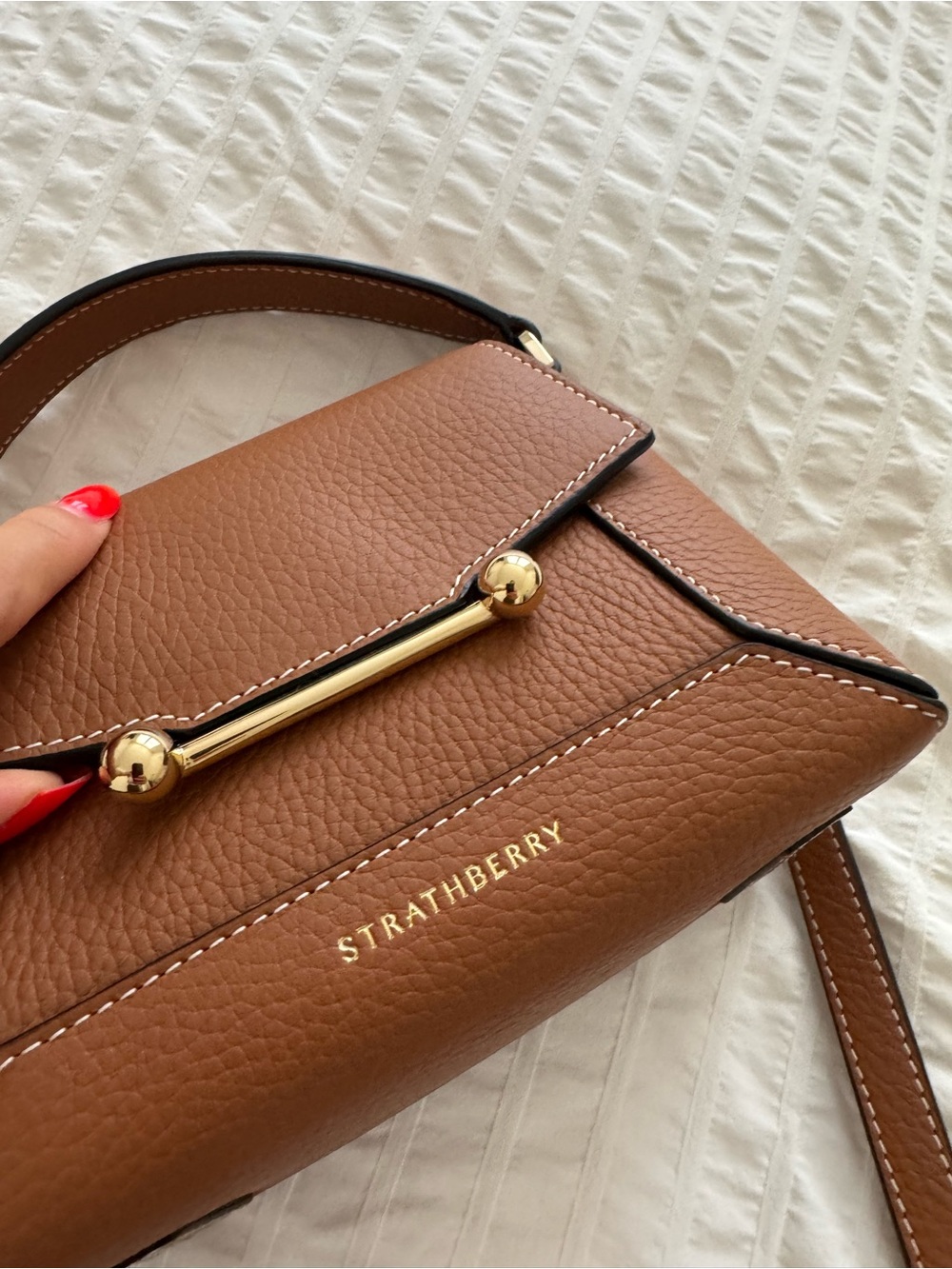 Strathberry Tan Leather Top-Handle Crossbody Bag Nano Mosaic like new - Picture 14 of 15